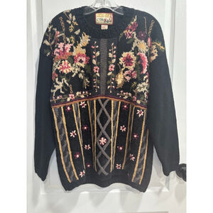 Crystal-Kobe Vintage Floral Embroidered Crew Neck 90’s Sweater, Womens Medium